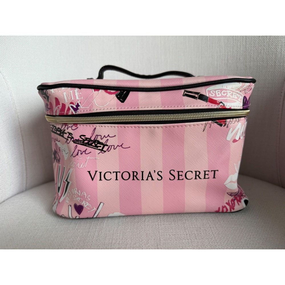 Victorias‎ Secret Pink Stripe Graffiti Makeup Cosmetic Train Case Bag